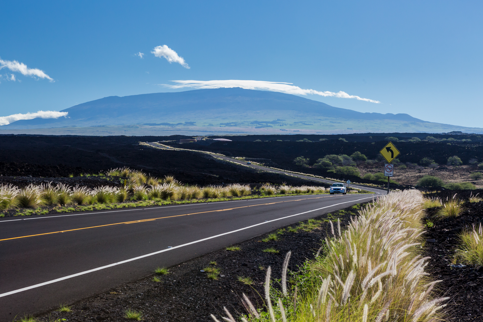 Roadside lava fields with Maunakea in the background