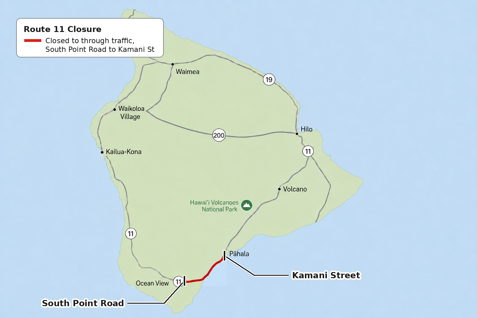 Map showing Route 11 closure in the Ka?? district of Hawai?i Island