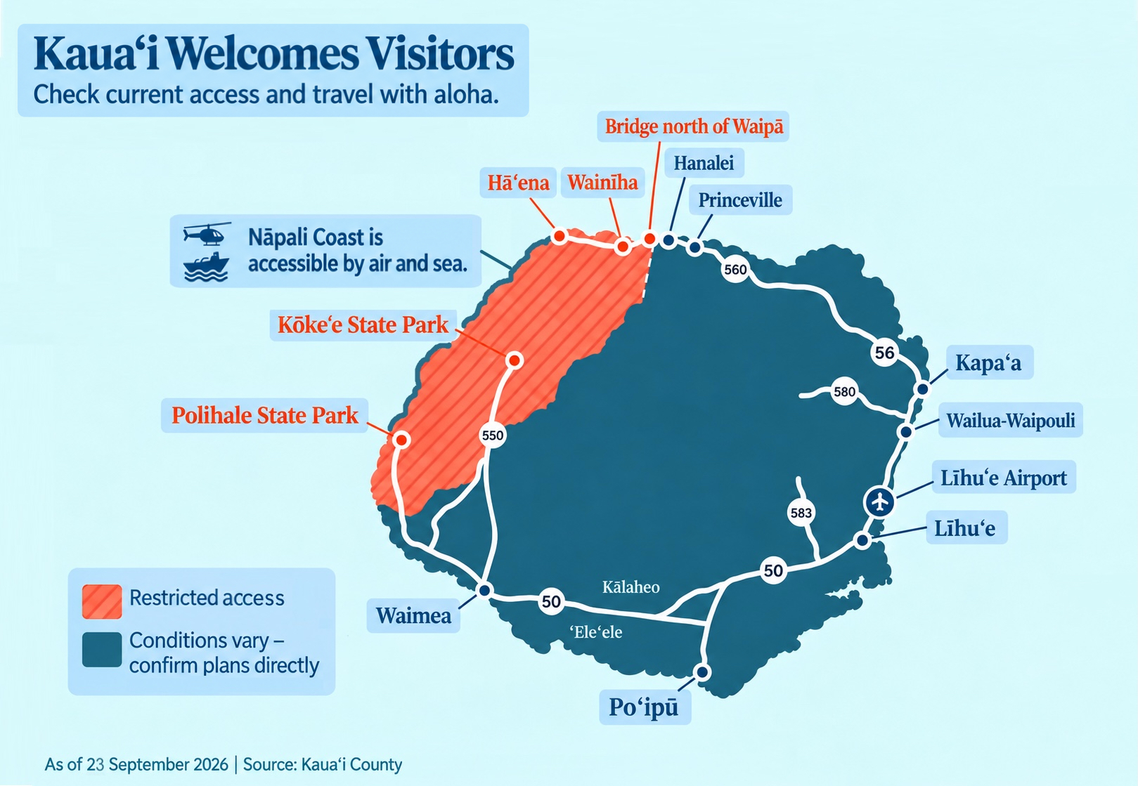 Map of Kaua‘i showing restricted areas due to Hurricane Lowell