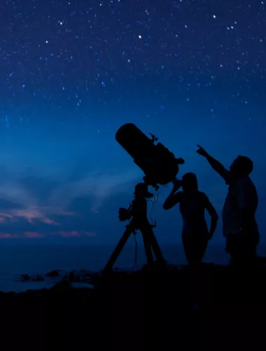 Astronomers using telescopes under a star-filled sky.