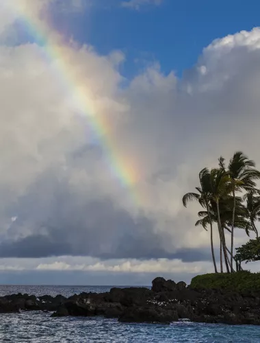 A vibrant rainbow above lush green coastal scenery on the island of Hawaiʻi.