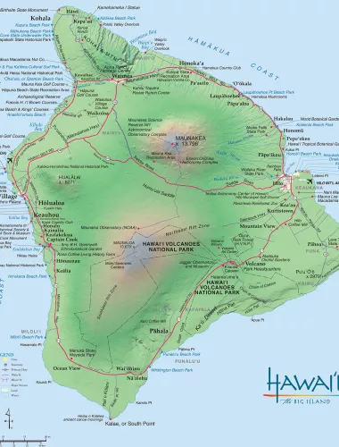 Maps A detailed map of the island of Hawaiʻi showing key locations and landmarks.