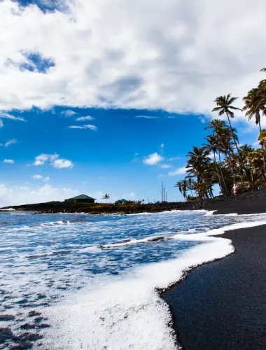 Punaluʻu Black Sand Beach A scenic view of Punalu‘u Black Sand Beach with palm trees, blue sky, and ocean waves meeting the black sand shoreline.