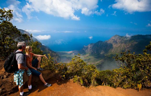 Hiking to a scenic overlook in Kokee State Park, Kauai