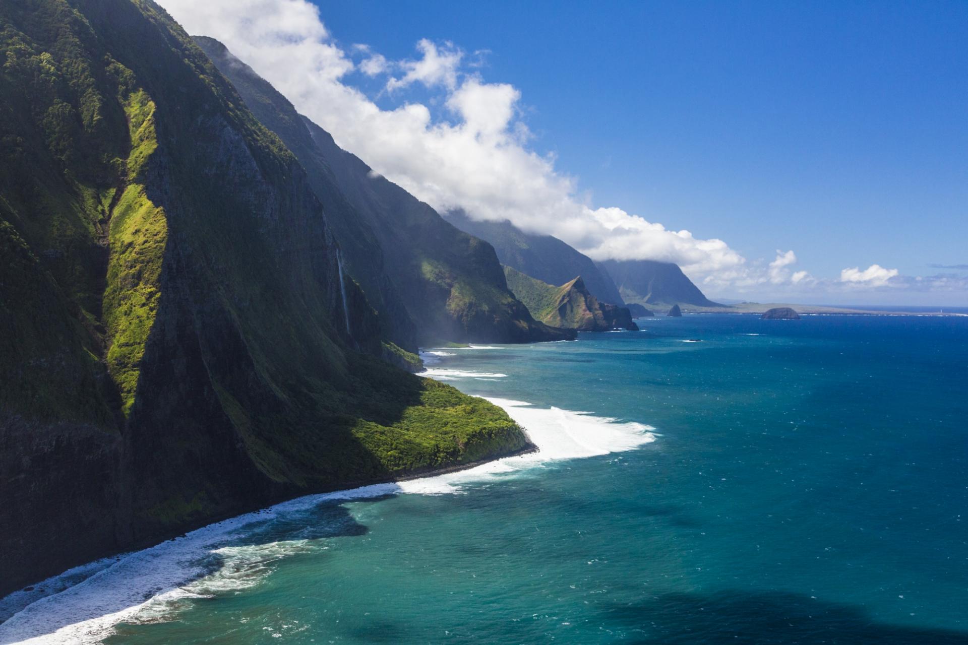 The green sea cliffs on the coast of Molokai