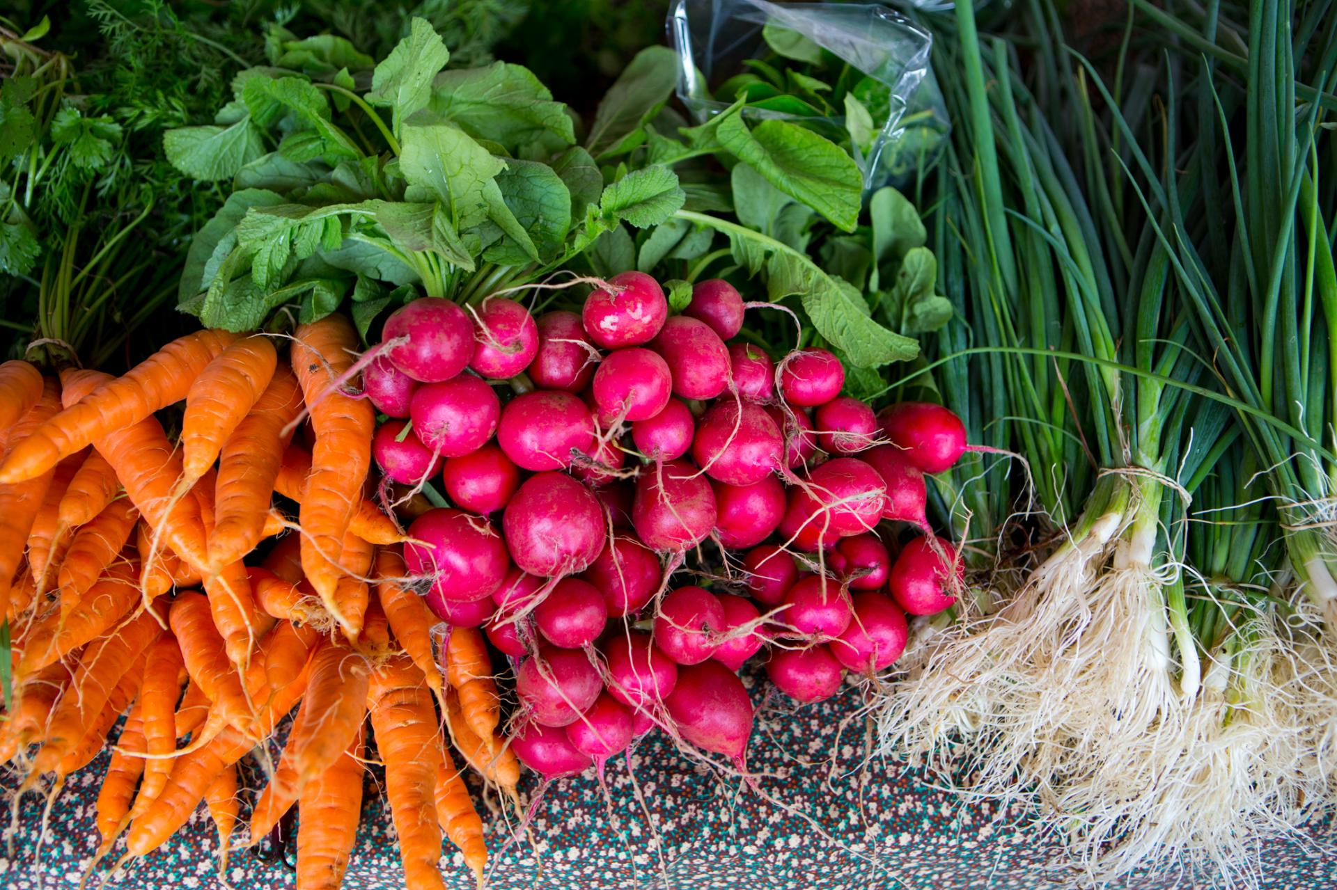 Various fresh, local produce for sale at a farmer's market table Various fresh, local produce for sale at a farmer's market table