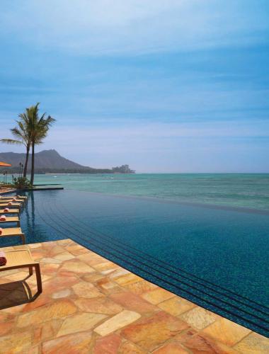 Tranquil ocean outside a beachfront resort