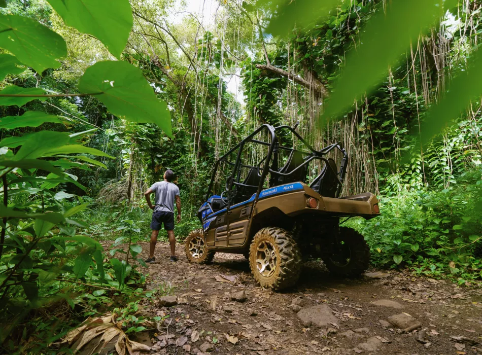ATV parked in a lush jungle as man stands nearby, surrounded by dense greenery and hanging vines.