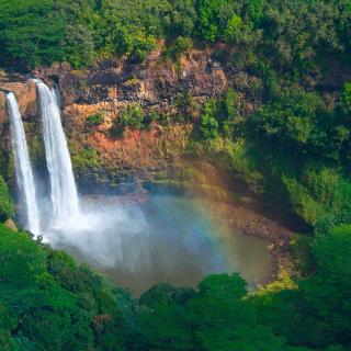 Aerial shot of the Wailua Falls in Līhuʻe