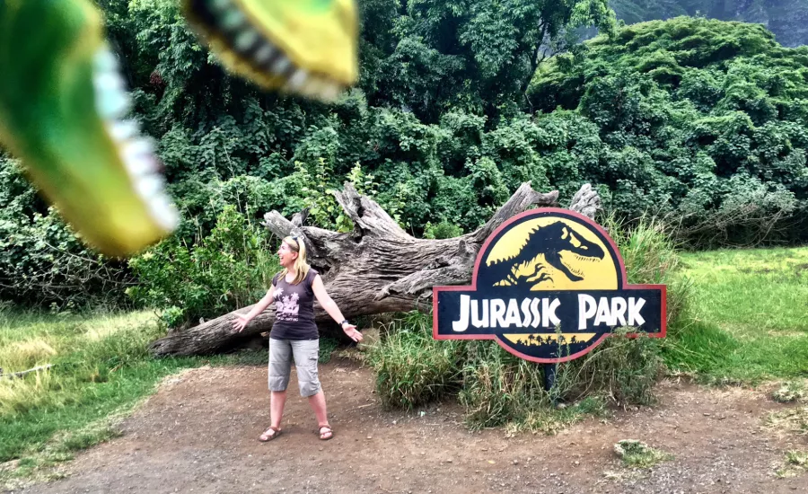 Angela Saurine at Kualoa Ranch where Jurassic Park was filmed