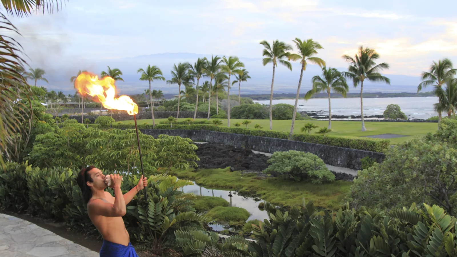 A man holding a flaming torch with palm trees and a scenic ocean view in the background.